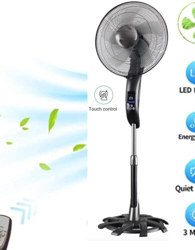 DRUN 16-inch oscillating pedestal fan with LED display Remote control for DRUN 16-inch fan Touchscreen LED control panel on DRUN pedestal fan Side view of adjustable pedestal fan with tilt DRUN fan setup in a living room environment